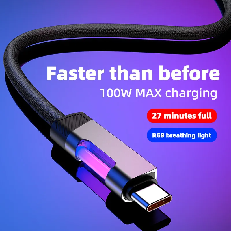 7 - Color Flowing Light Fast Charging Type - C Data Cable, Compatible with Apple, Huawei, Android, 5A Super Fast Charging