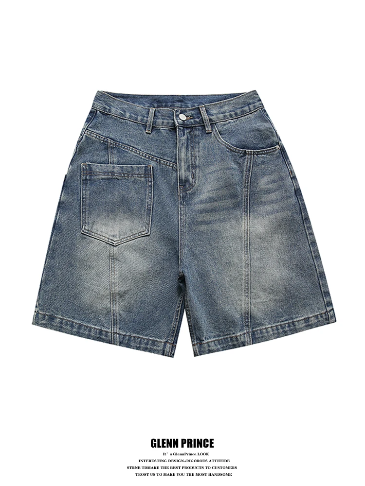 

GPstudio American Retro Patchwork Denim orts Men Summer Loose Wide Leg Five-Point Pants Breathable Straight Cut Jeans