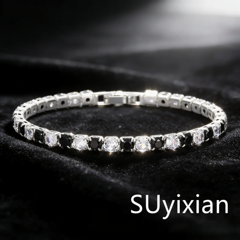 925 Sterling Silber Stilvolles Exquisites 4mm Schwarz-Weißes Zirkon Tennis-Armband, Damen Geburtstag Party Jubiläum Geschenk
