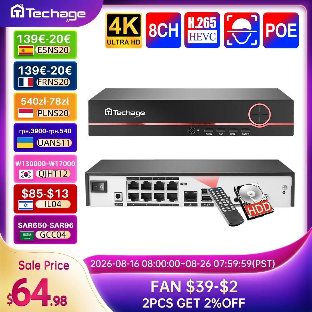 Techage 家庭用ビデオ監視 4K 8ch POE NVR