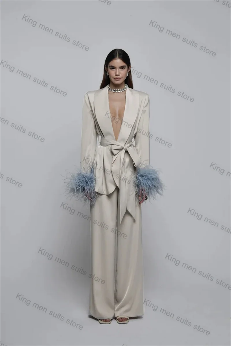 

Ostrich Feather Women Suit Set Wedding 2 Piece Jacket+Pants Formal Office Lady Tuxedo Prom Dress Customized Coat With Belt