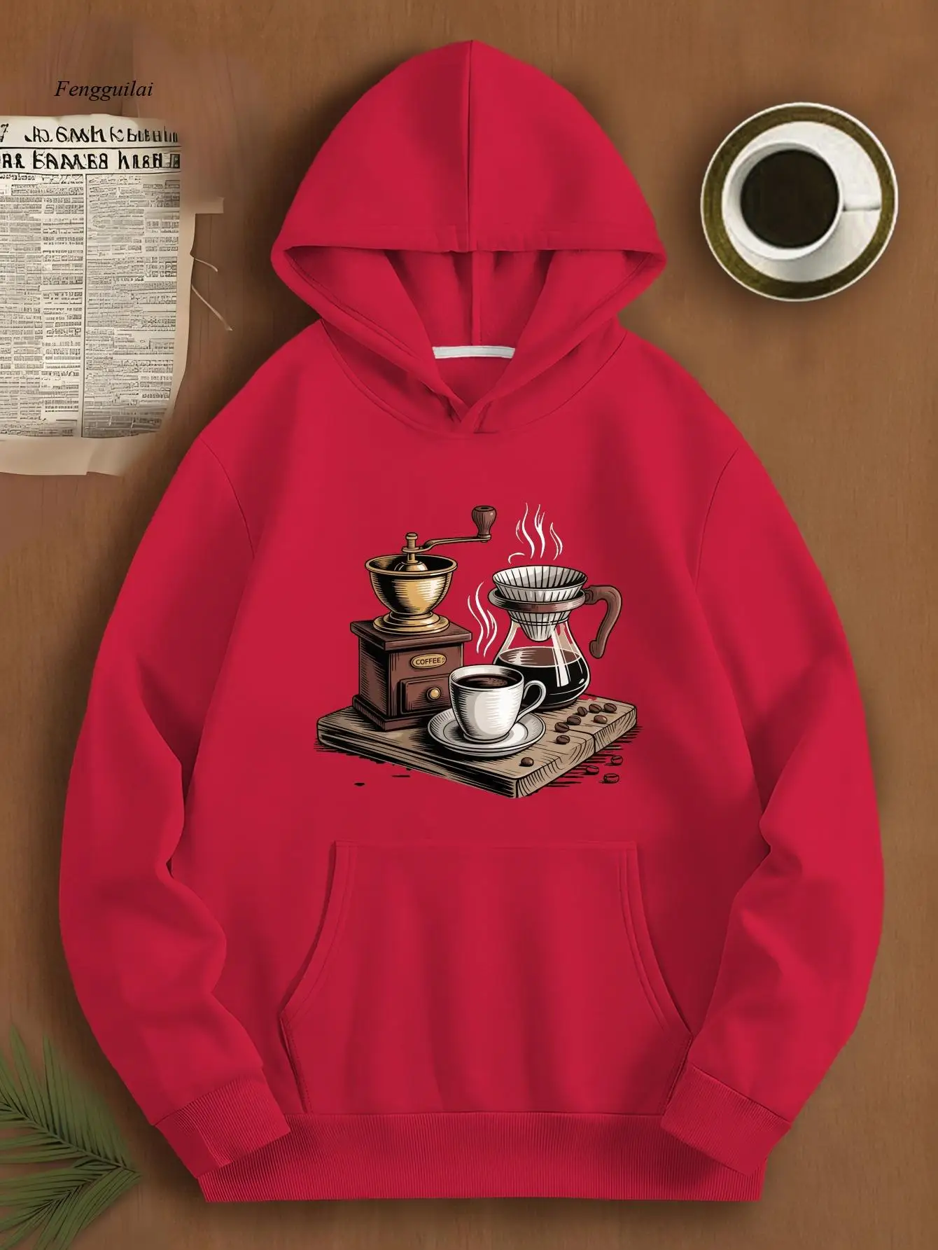 

Винтажная толстовка с капюшоном с графическим рисунком кофе — красный свободный крой, повседневный пуловер, который можно стирать в машине, с принтом деревянной посуды