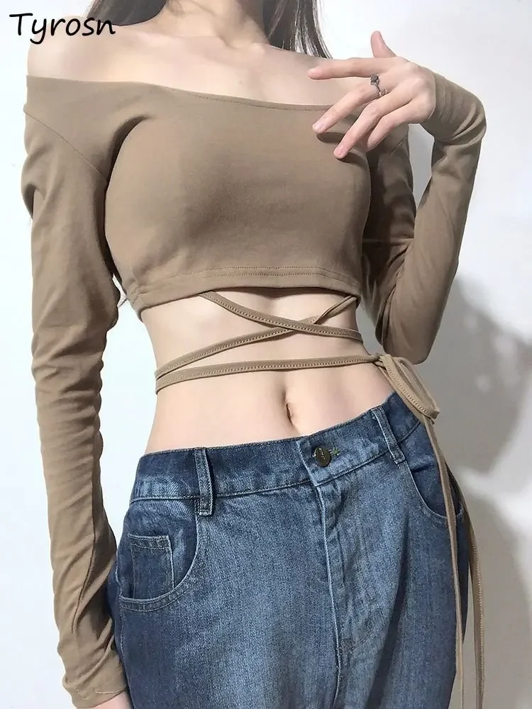 

Crop T-shirts Women Bandage Design Slim Sexy All-match Minimalist Pure Creativity Fashion Ulzzang Personality Hot Girls Spring