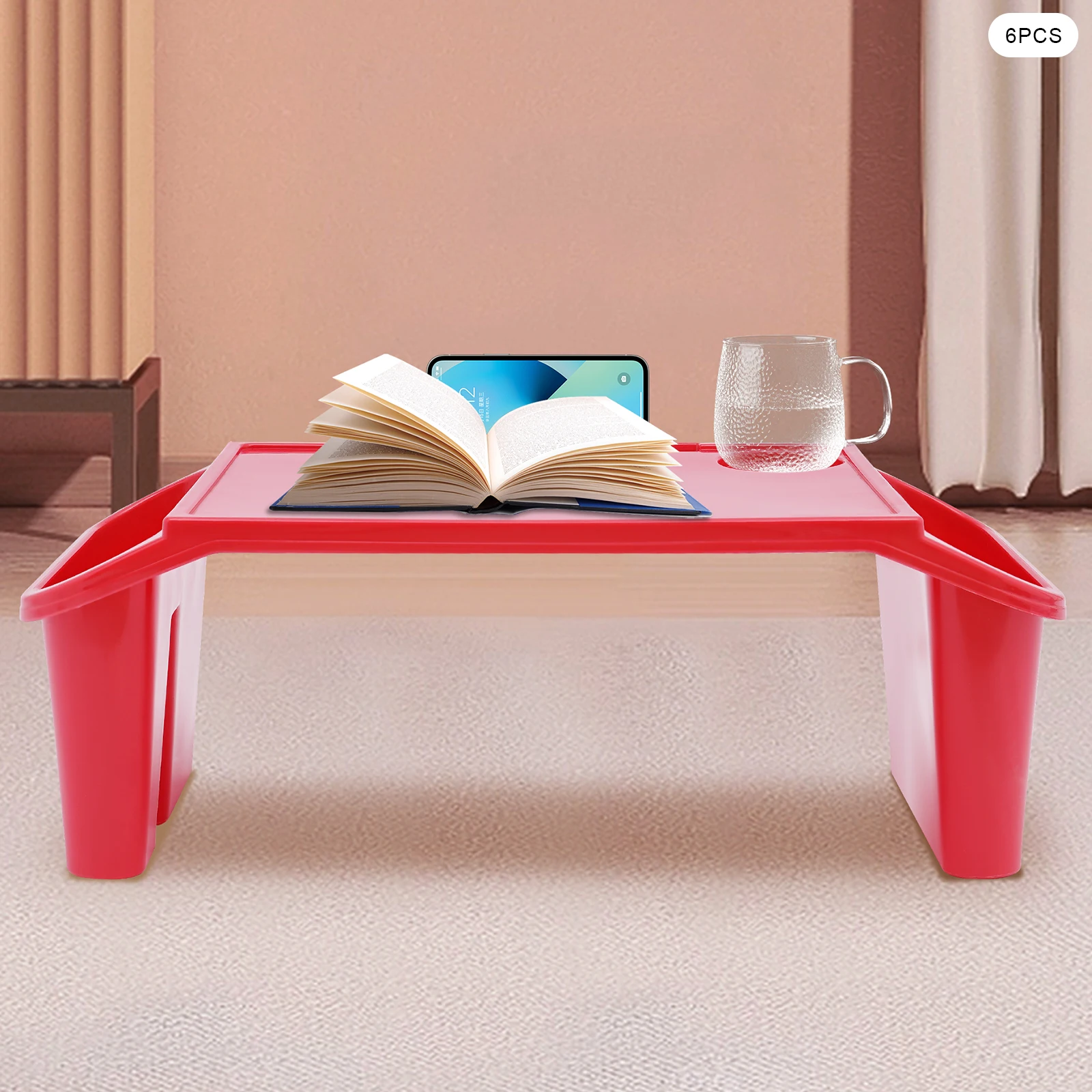 6Pcs Red Children's Laptop Table with Side Storage Multifunctional Movable Dining Table Used in Kindergartens and Families
