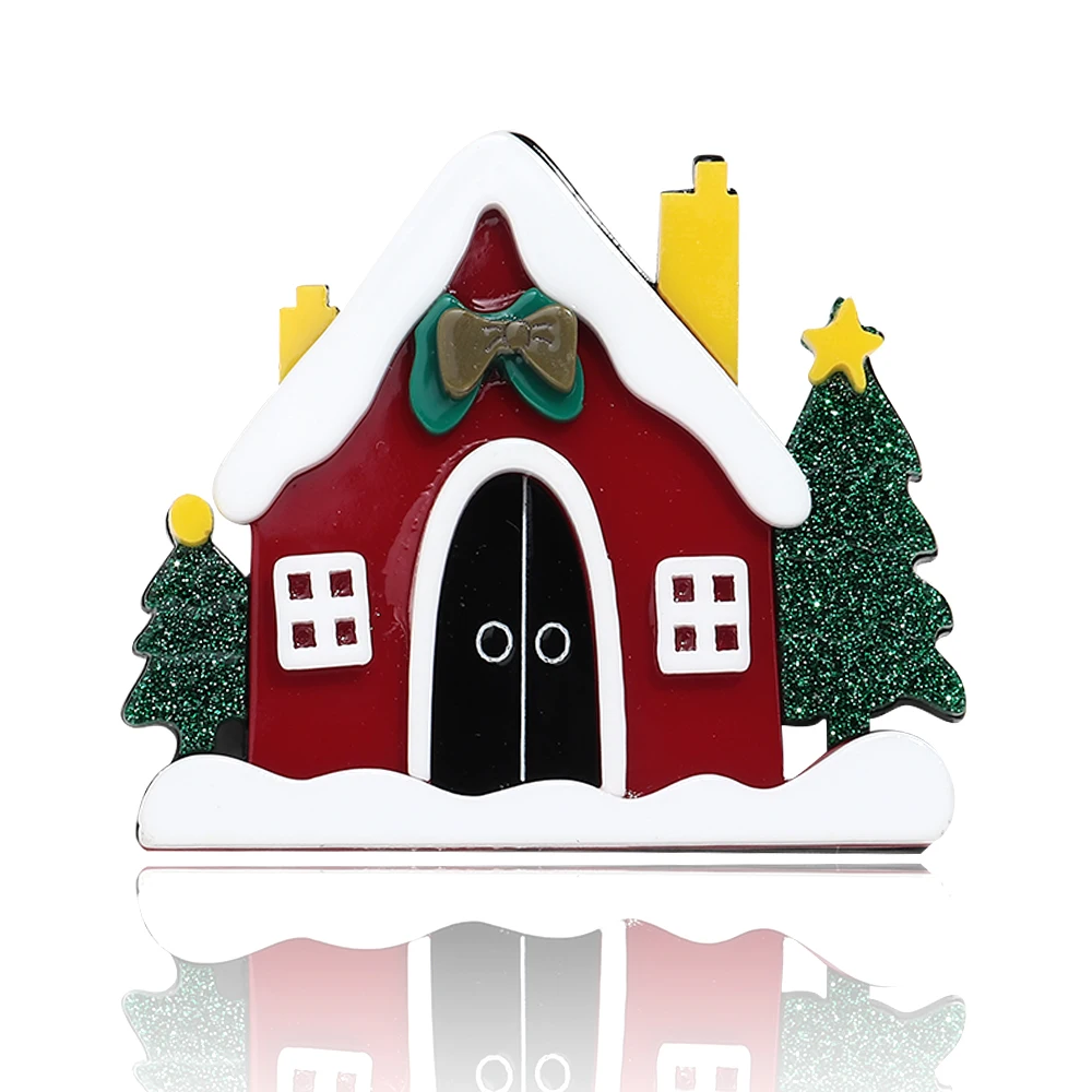 Christmas Funny Acrylic Cabin Badge Brooches Lovely Xmas Trees House Brooch Pins Party Jewelry Christmas Decor