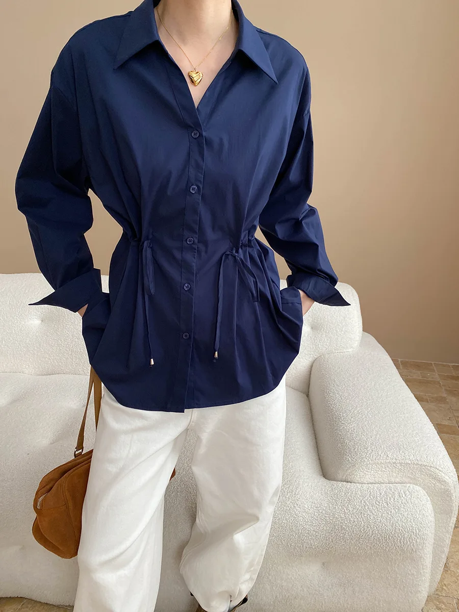 

2025 Autumn Commuter Style French Shirt Women Pointed Collar Temperament Adjustable Waist Drawstring Shirt Top