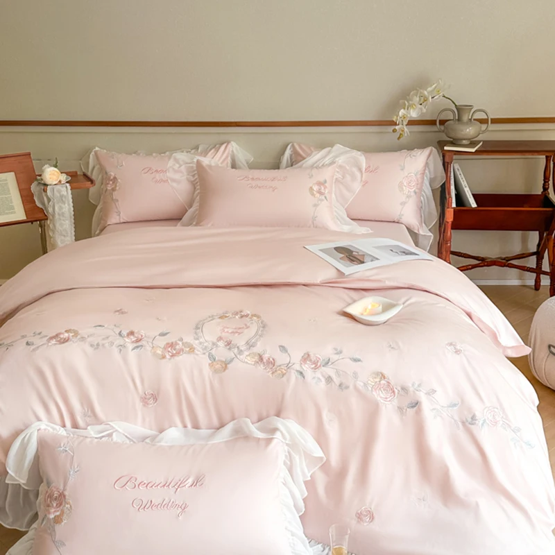 Pink Flower Embroidery Cotton Bedding Set Duvet Cover Linen Fitted Sheet Pillowcases Home Textile