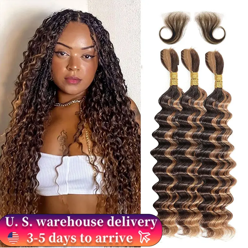 Curly Wave Bundles Human Hair Highlight Blonde 3 Bundles Deep Wave Human Hair Wigs Braiding 16A Boho Braids Hair 20 20 20 Inch