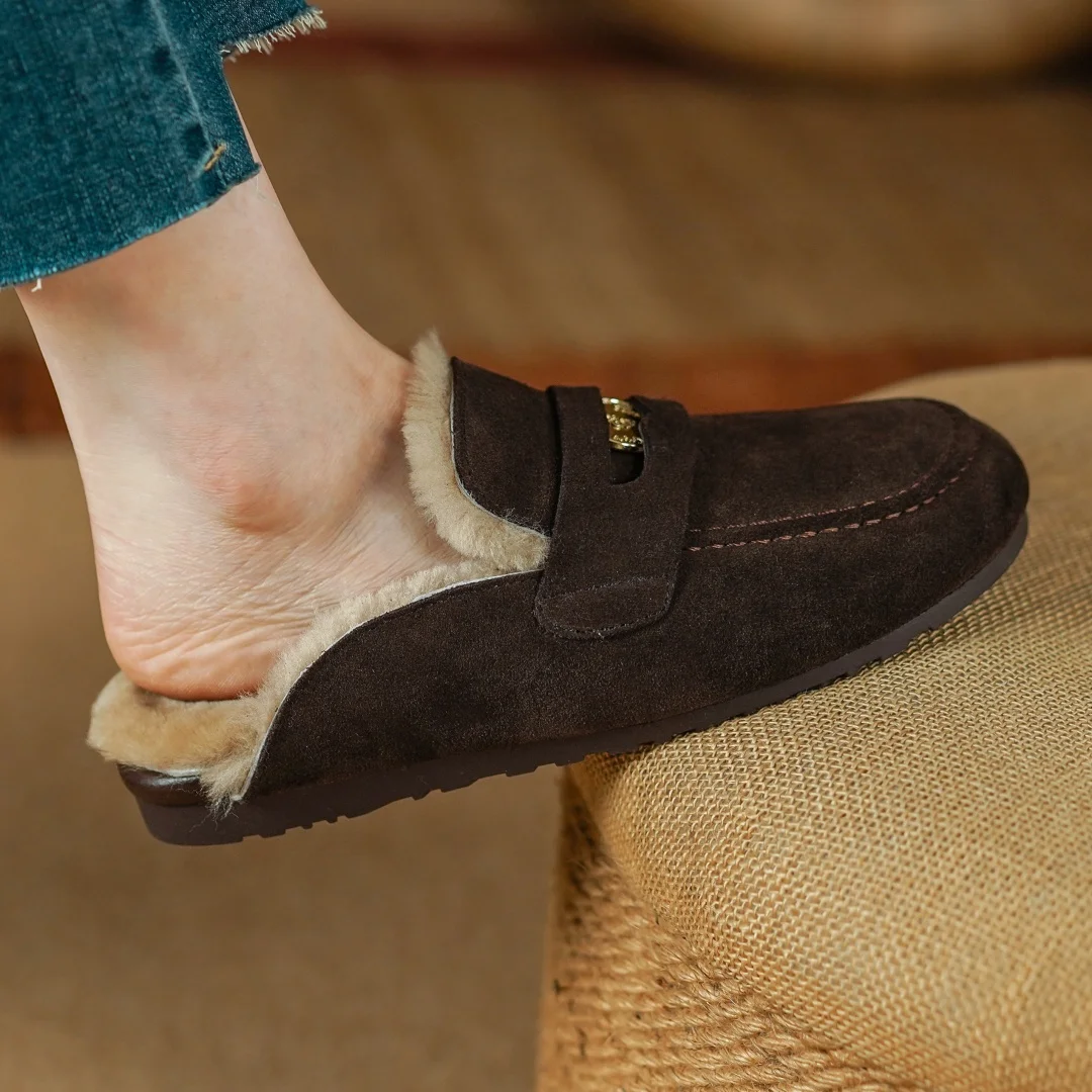 

Women's natural suede leather wool inside slip-on winter mules round toe leisure soft comfortable warm non-slip s slides shoes