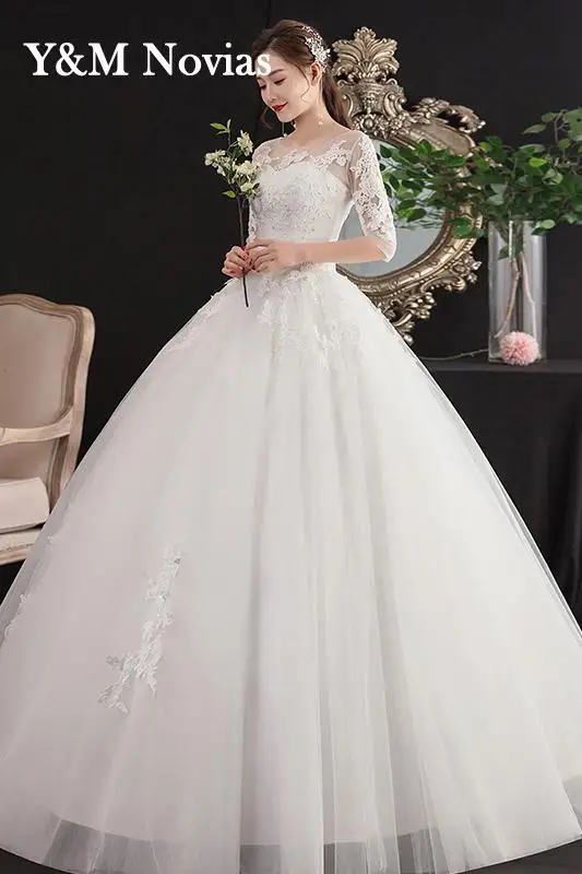 Vestidos De novia coreanos simples De tres cuartos, moda elegante, Princesa, apliques De encaje, Vestido De novia, 2022