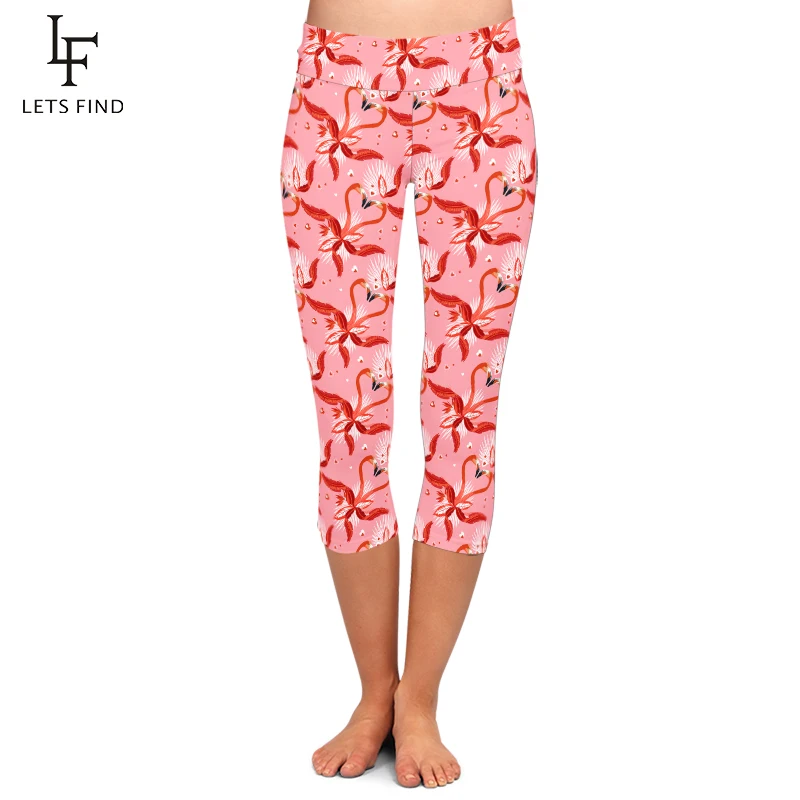 

LETSFIND New Women Slim Capri Leggings Flamingos and Tropical Palm Leaves Print High Waist Fitness Stretch Mid-Calf 3/4 Pant