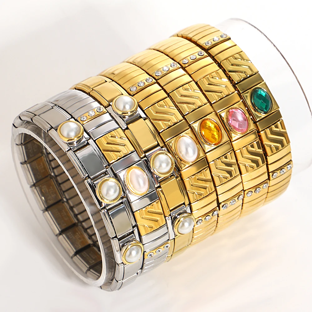 Greatera Multiple Color Cubic Zircon Filled Women's Bangle Charm Elastic Watch Strap Design Pearl Decoration Bracelet Gift 2025