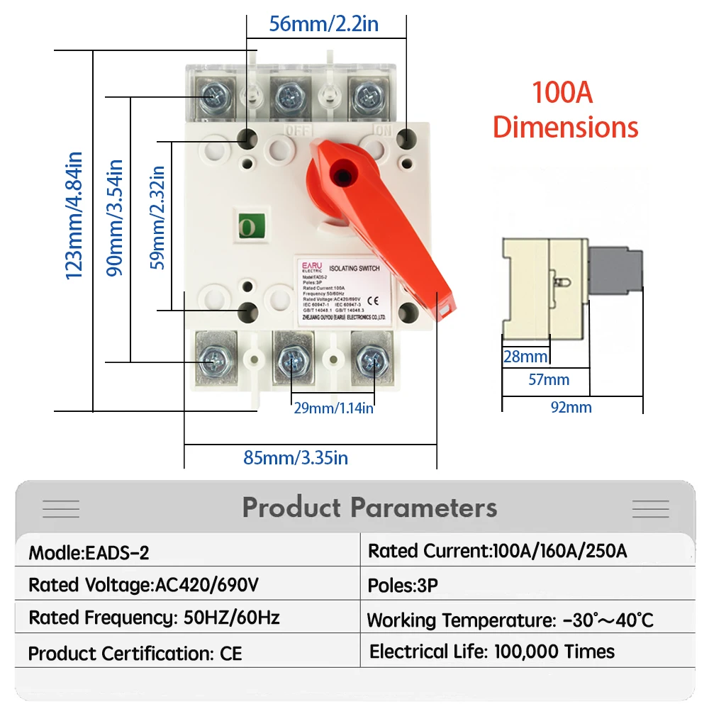 100A Load Isolation Switch 3P Knife Switch Three-phase Circuit Breaker In-cabinet Transfer Operation Switch