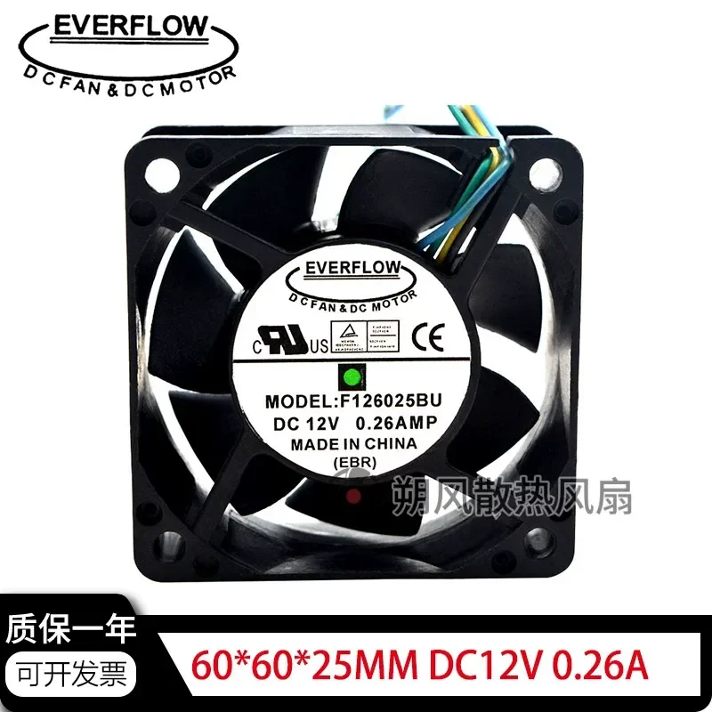 for EVERFL0W F126025BU 6025 6CM 12V 0.26A Double Ball Bearing 4 Wire PWM Cooling Fan