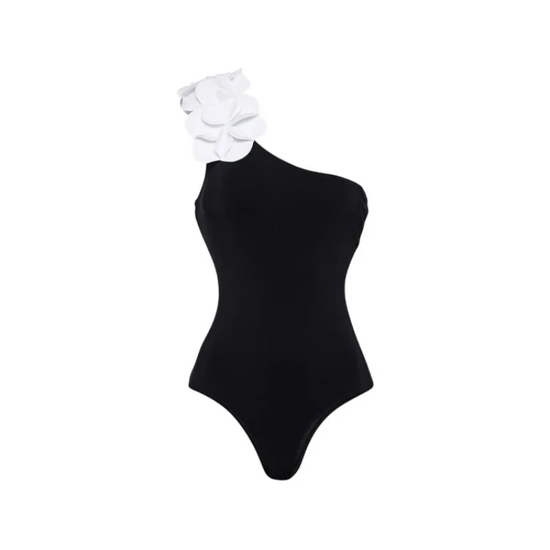 MUOLUX 2024 Sexy Women\'s Swimsuit New 3D Flower Single Shoulder Strap Black White One-piece Swimsuit Wrapped Skirt Two-piece Set