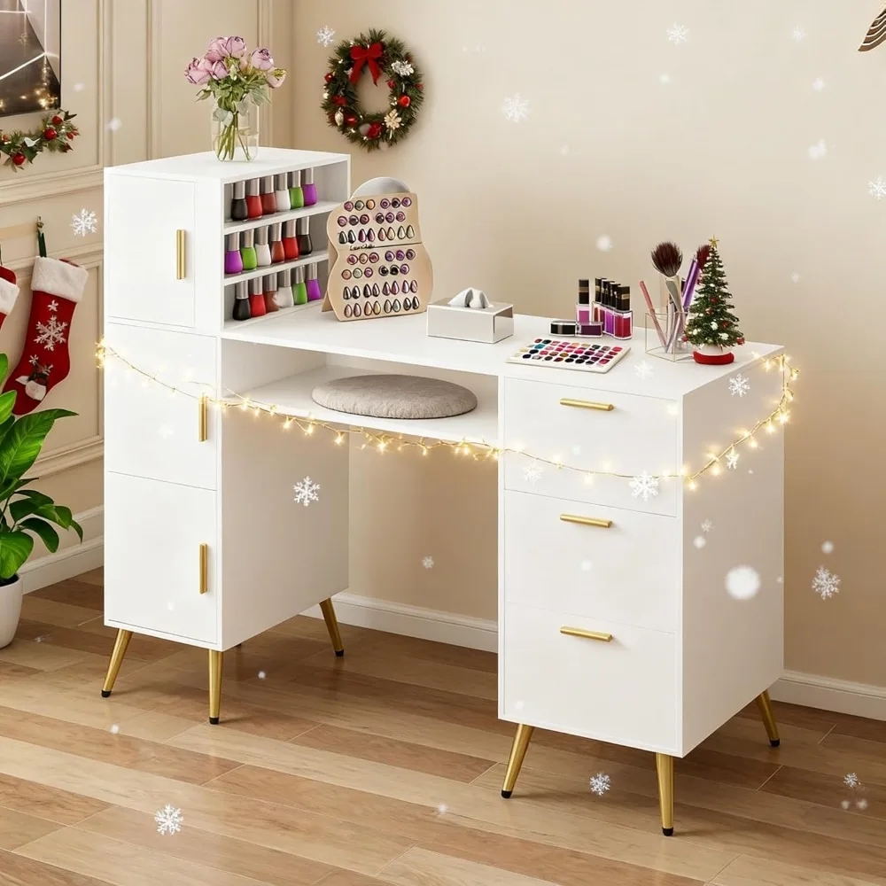 

Portable Nail Desk with Drawers White Manicure Table Nail Station with Shelves L-Shaped Salon Corner Nail Art Equipment