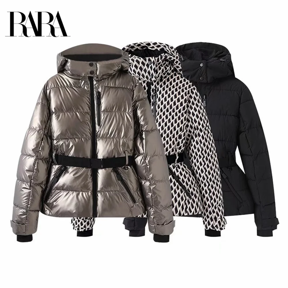 2024 RARA with belt stand collar warm jacket casual versatile temperament hooded thick coat winter new women's clothing