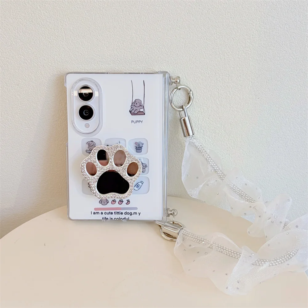 Cute Puppy Keyboard Phone Case For Samsung Galaxy Z Fold 8 Ultra Bling Rhinestone Paw Mirror Stand With Lace Bead Wrist Strap