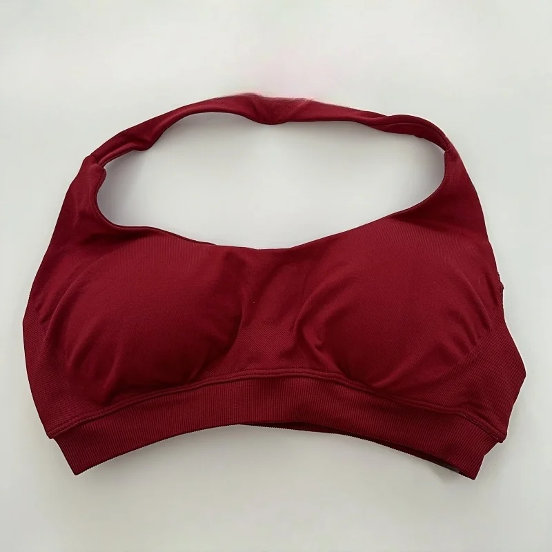 Impact Bra Yoga tanpa kelim wanita, atasan tali leher Halter tanpa kelim, bantalan punggung terbuka, Bra atasan Yoga pendukung sedang Crop Top