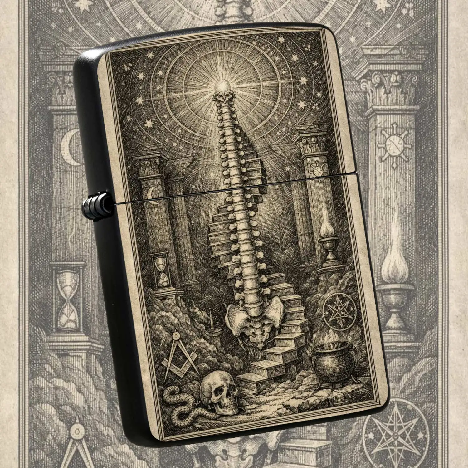 Vintage Mysterious Spine Staircase Themed Flip-top Metal Windproof  Lighter, Refillable & Reusable, Portable Pocket-sized Creative Engraved Lighter, Integrated with Occultand Dark Art Style, Suitable for Daily Collection Play