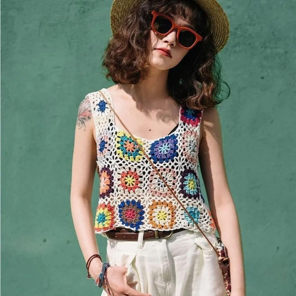 

Women's Ethnic Style Hand-crocheted Short Suspender Knitted Vest Colorful Cut out Blouse Super Hot Outer Wear