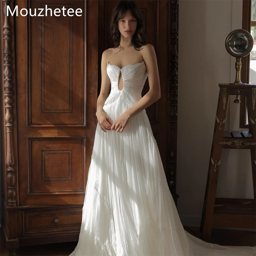 

Mouzhetee A-Line Strapless Pleat Elegant Wedding Dresses Sleeveless Shiny Long Brides Gown Custom Made 2025