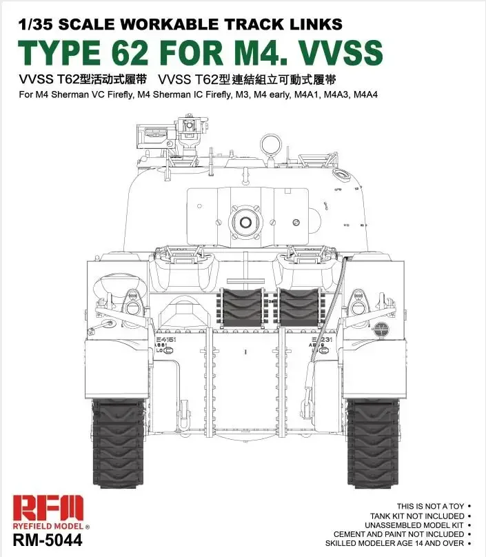 Ryefield-Model RM5044 1/35 scale WORKABLE TRACK LINKS TYPE 62 FOR M4.VVSS