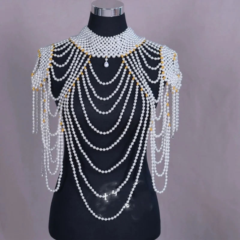 women's shawl chocker necklace Body chain  white Acrylic pearl round wedding party jewelry