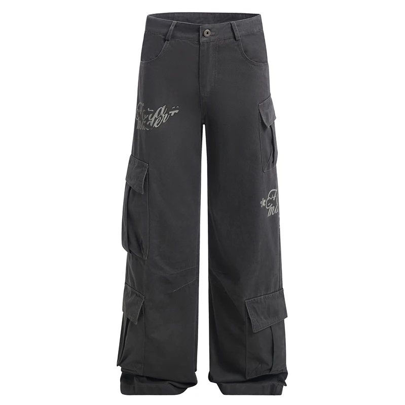 

GXFortune American Retro Letter Print Multi ket Work Pants Loose Straight Leg Street Sle ex Casual Trousers