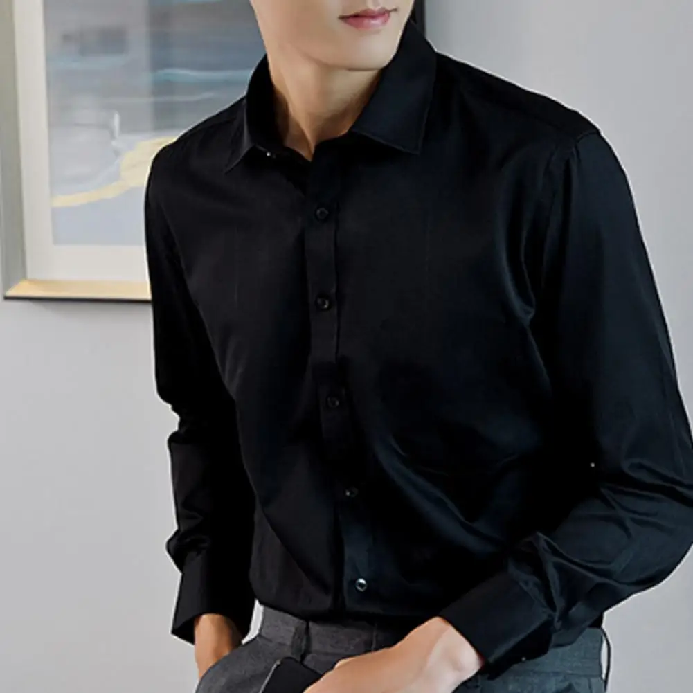 Men Shirt Cotton Solid Color Simple Casual Korean Version Slim Fit Long Sleeve Shirt Front Pocket Formal Business Men's Shirt