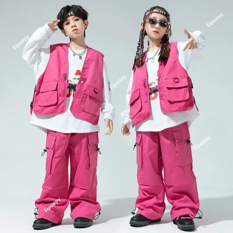 Children's Street Dance Clothing Girls' Rose Red Jazz Performance Hip-hop Clothes Boys Hip-hop Loose Rose Pink Breatheable Suits