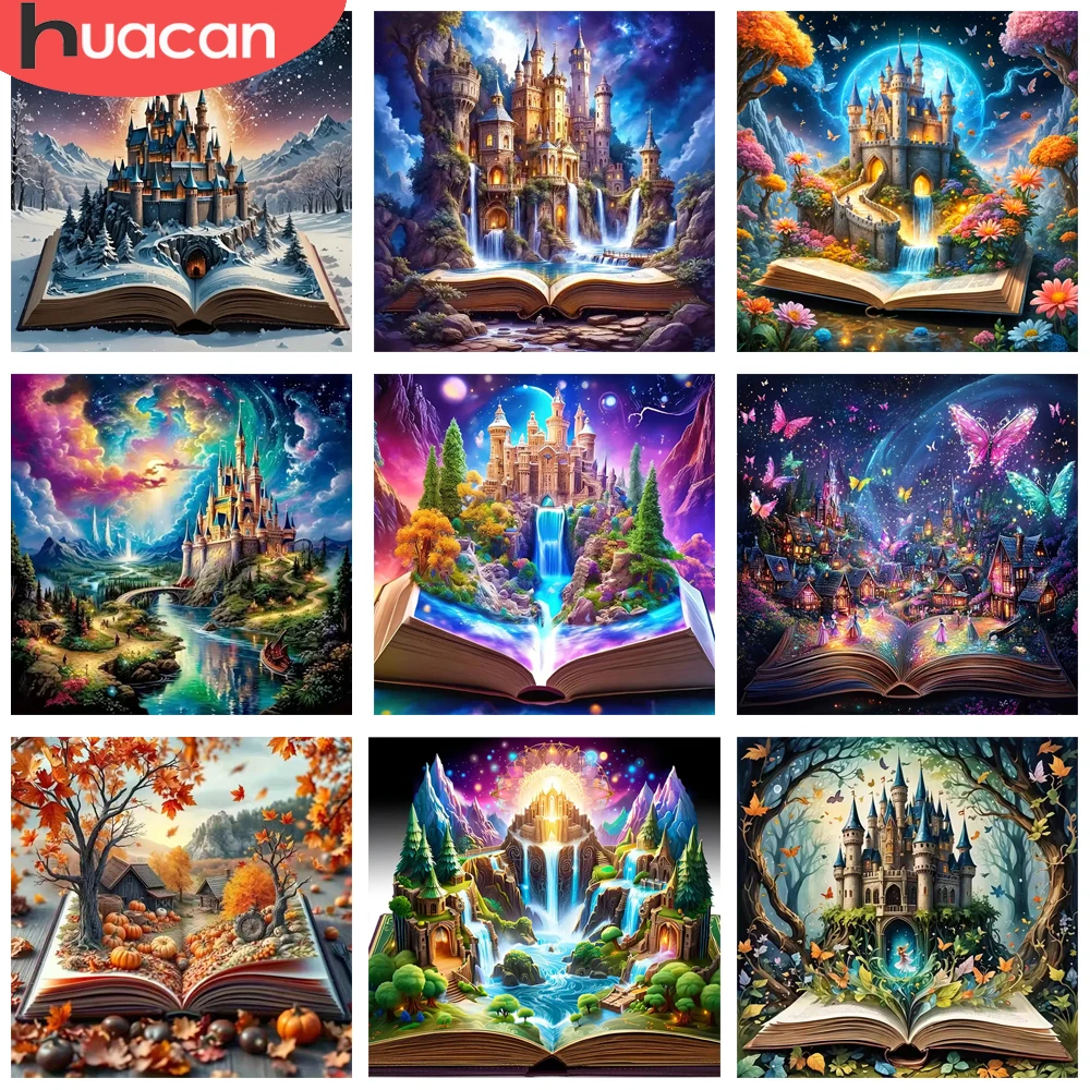 HUACAN Diamant-Malerei, Kunst, Schloss, Landschaft, volle Runde, Diamant-Mosaik, Buch, Zimmer, Zuhause, Wandkunst, Dekoration
