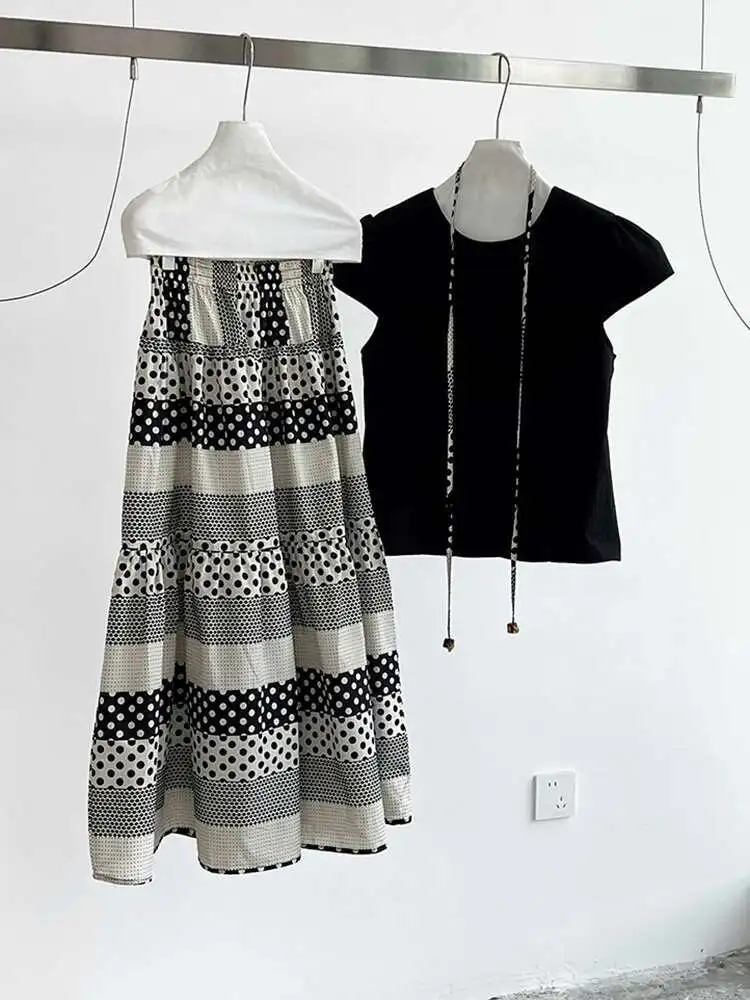 เอวยางยืดสูงสีดํา Dot พิมพ์ลาย A-Line กระโปรงครึ่งตัวผู้หญิงแฟชั่นฤดูใบไม้ผลิใหม่ฤดูใบไม้ร่วง