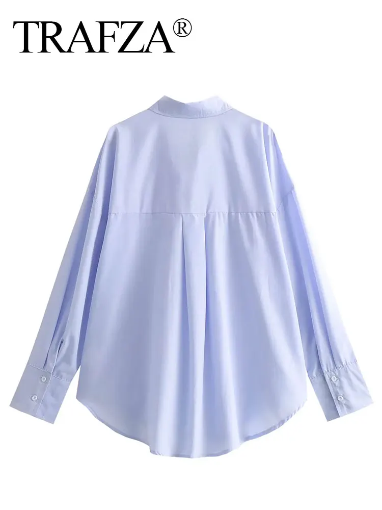 TRAFZA Women Casual Shirt Office Lady Blue Blouse Turn Down Long Sleeve Loose Single Breasted Shirts Elegant Female Chic Top