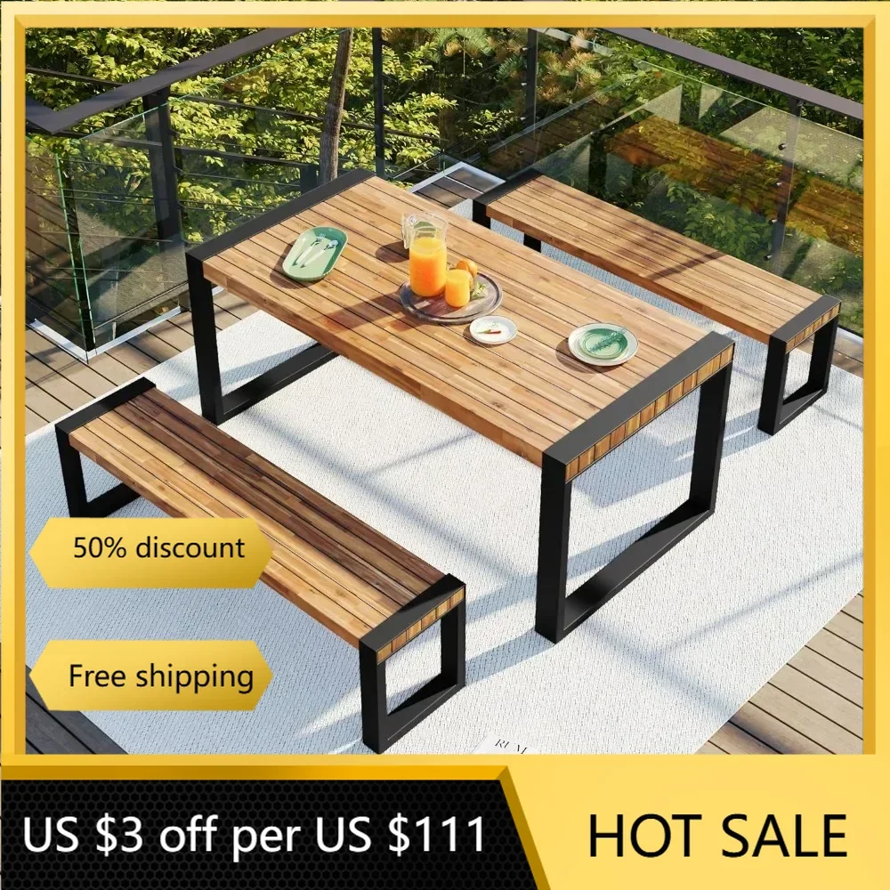 Acacia Wood Top & Steel Frame Porch Furniture Outdoor Garden Chairs Table With 2 Benches Patio Dining Unique Texture Natural