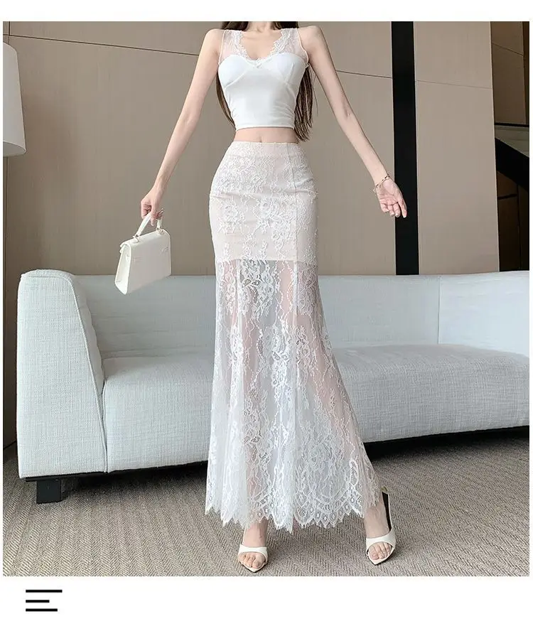 

Premium Black Lace Mesh Panel High Waist Mermaid Bodycon Maxi Skirt Women 2025 Summer New