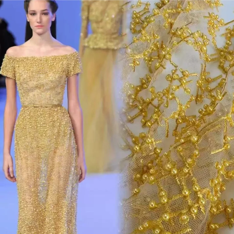 L100XW130CM Water Soluble Lace Fabric Gold Hand Beaded Heavy Embroidery Sheer Soft Drapey for Bridal Stage Gown DIY Sewing