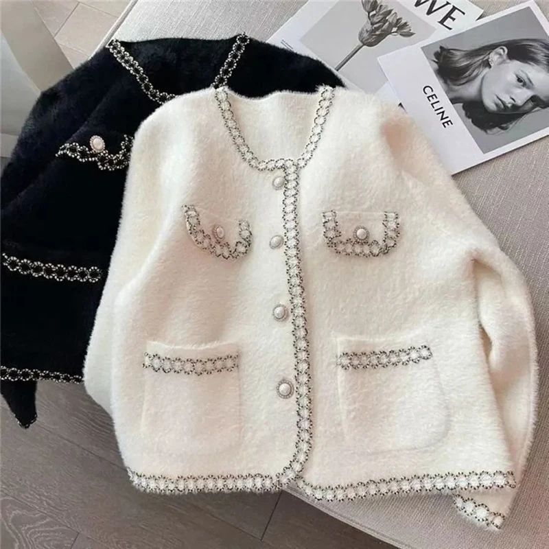 Elegant O-neck Pearl Buttons Mink Fleece Cardigan Tops Korean Fashion Hit Color Thick Short Coats 2023 All-match Women Clothing