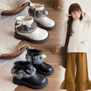 Children's Shoes Girl Mid Length Warm Leather Boots Baby Bow Cute Cotton Shoes Plush Winter New Student Two Cotton Boots Botines