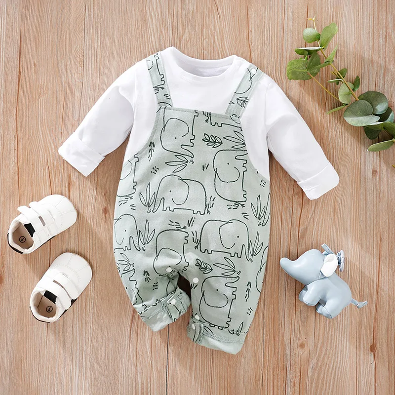 Newborn Spring And Autumn Clothing Boys And Girls Cute Backstraps Elephant Cotton Comfortable Soft Long Sleeved Baby Bodysuit