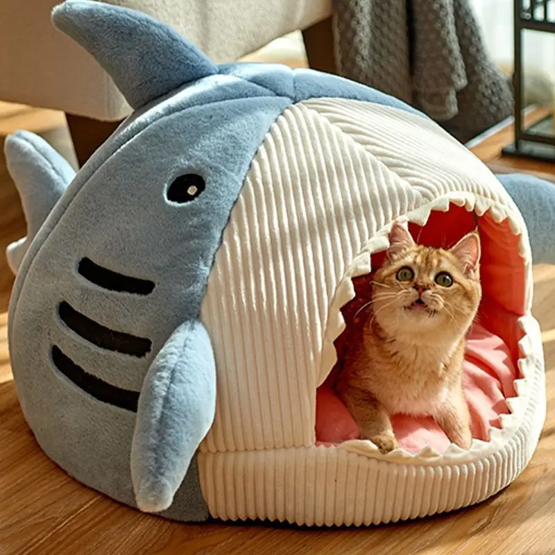 

Winter Warm Shark Shape Pet Bed House Semi Enclosed Cat Dog Kennel Soft Washable Mat Pad Big Mouth Design Sleep Bag Basket