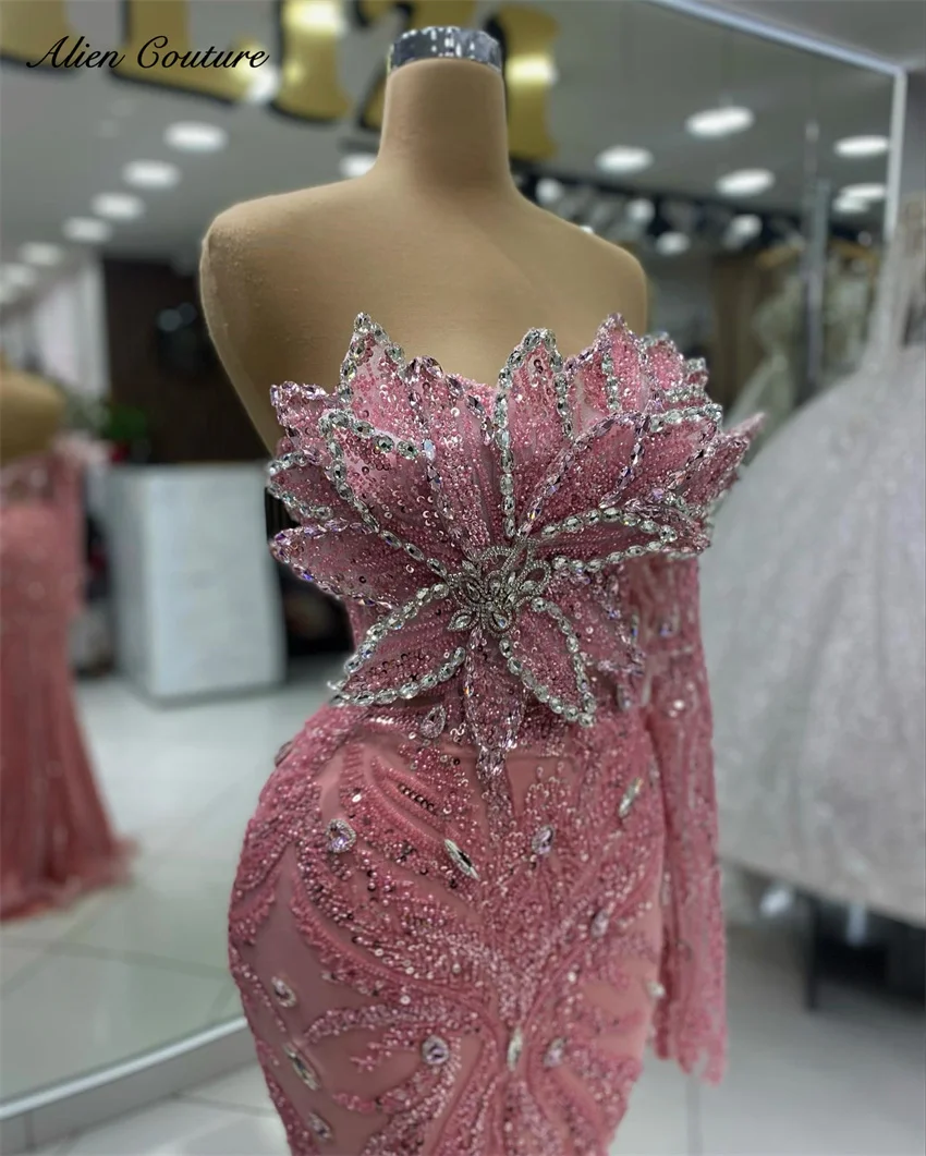 

Pink Beading Sweetheart Mermaid Evening Dresses 2025 Diamonds Glitter One Sleeve Birthday Party Prom Gown Customized