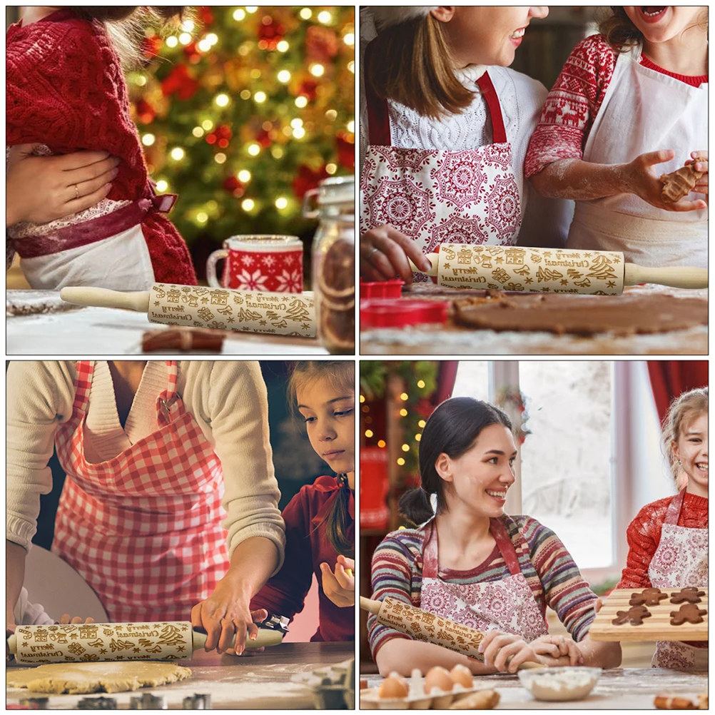 

Christmas Pattern Wooden Rolling Pin Solid Wood Pin For Baking Dough Smooth Surface Home Kitchen Cooking Roller