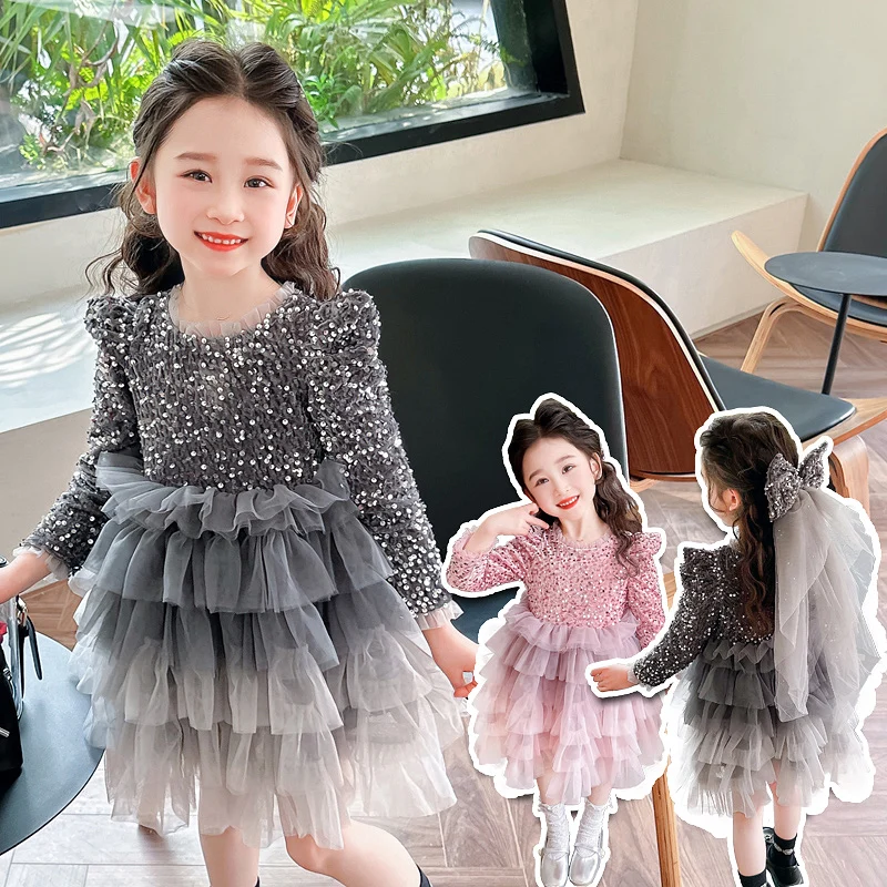 

Цельные халаты с длинными рукавами, пряжа с высокой талией, платья для маленьких девочек, элегантное платье принцессы в стиле Лолиты, блестящая детская одежда для подростков