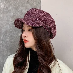 Women's Vintage Octagonal Beret, Newsboy Hat, Casual Imitation Woolen, Plaid, New Fashion, 2024