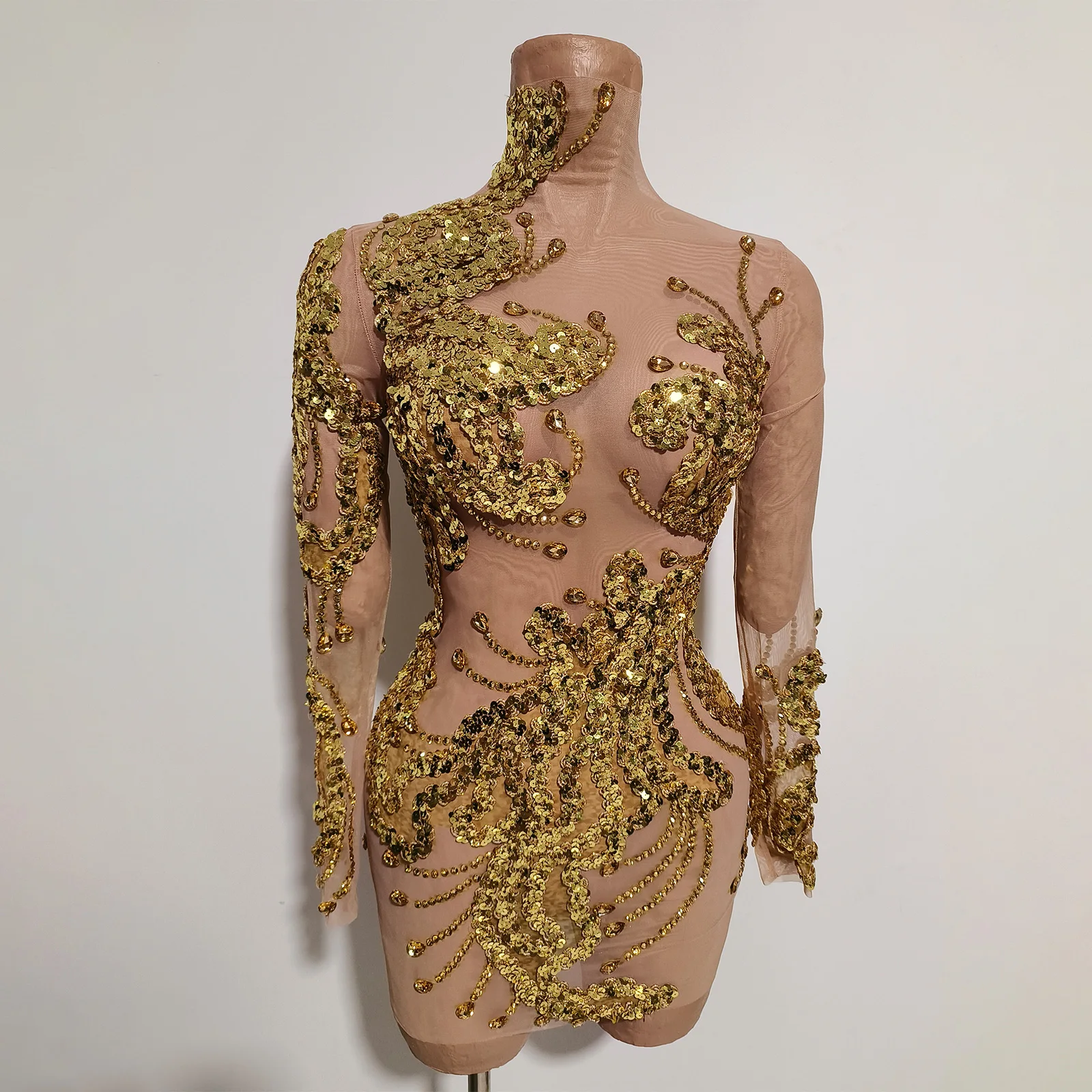 

Новое золотое платье с пайетками и стразами, мини, с длинными рукавами, сетчатое, для вечеринок, дней рождения, костюм для выступлений в ночных клубах, для певиц, для сценических выступлений, для королев