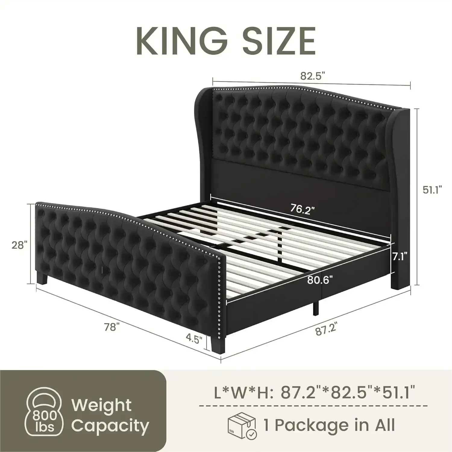 BestsellerKing Size Bed Frame Velvet High Platform Bed with 51.1
