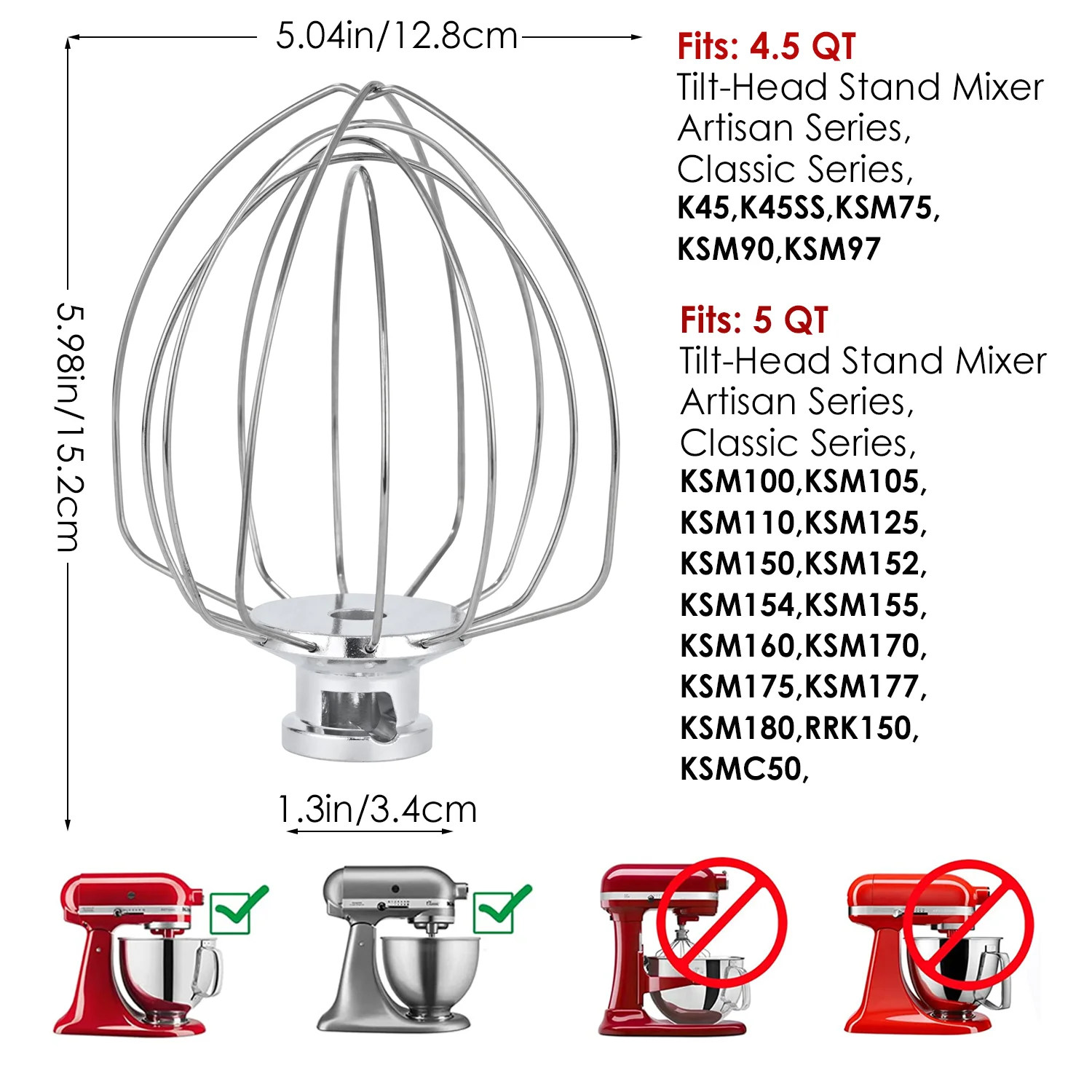 K45WW Steel Wire Whip for KitchenAid Artisan Series Tilt-Head Mixer 4.5 & 5 Quart Bowl 6 Wire whisk