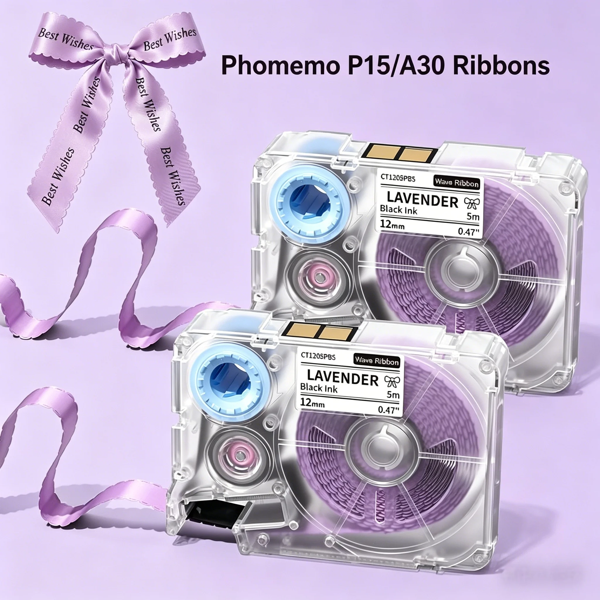 Phomemo A30 P15 Black Print Purple Satin Ribbon 12mm x 5m 2Packs for Gift Wrapping Wedding DIY Crafts Party Decor
