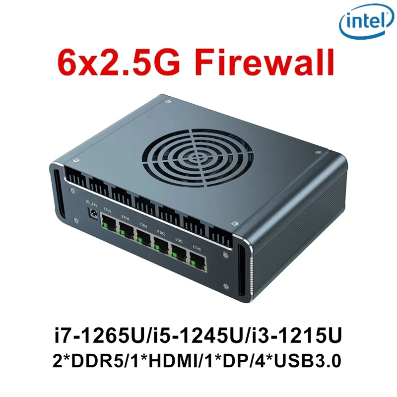 Mini computador de firewall do PC, roteador macio, Intel i7 1365U, 1265U, i5, 1245U, i3, 1215U, 2xDDR5 NVMe, pfSense, pfSense, 6x, i226-V, 2.5G